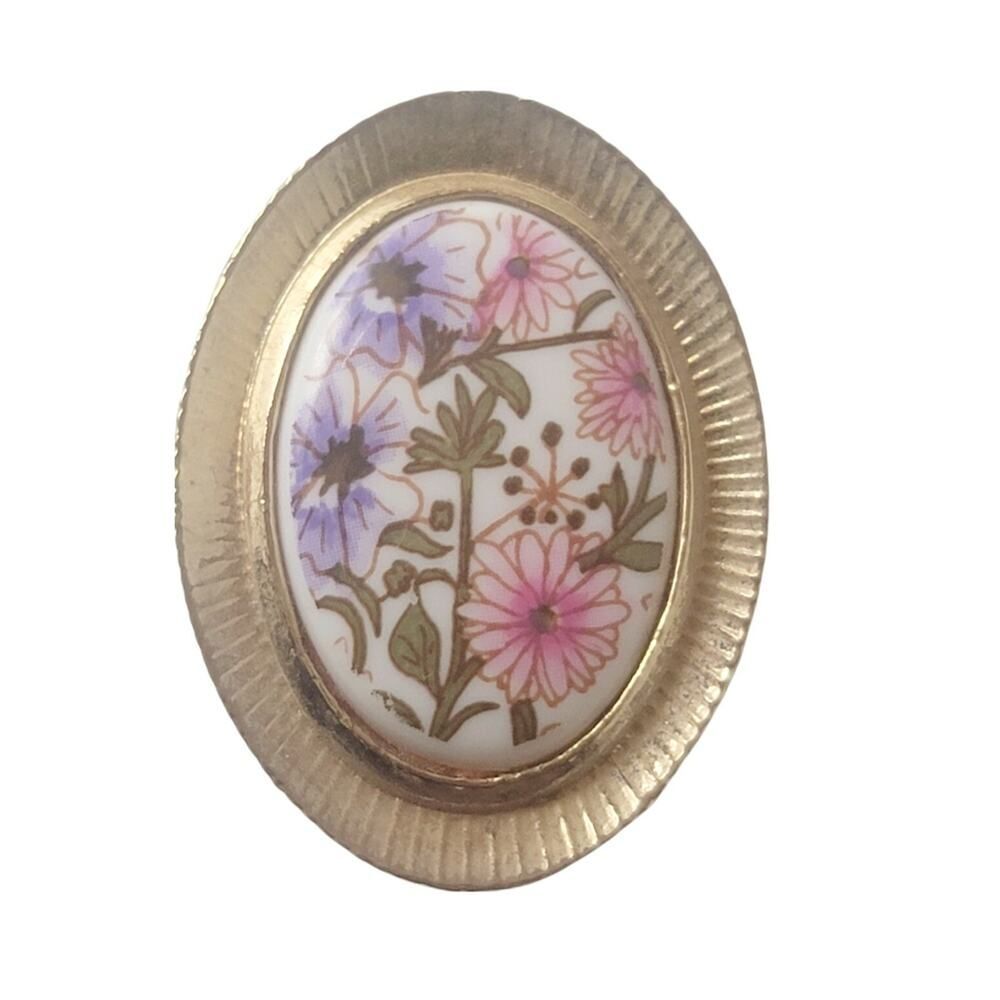 Vintage Pendant Porcelain Hand Painted Pink Purple‎ Flowers Jewelry 1.5"